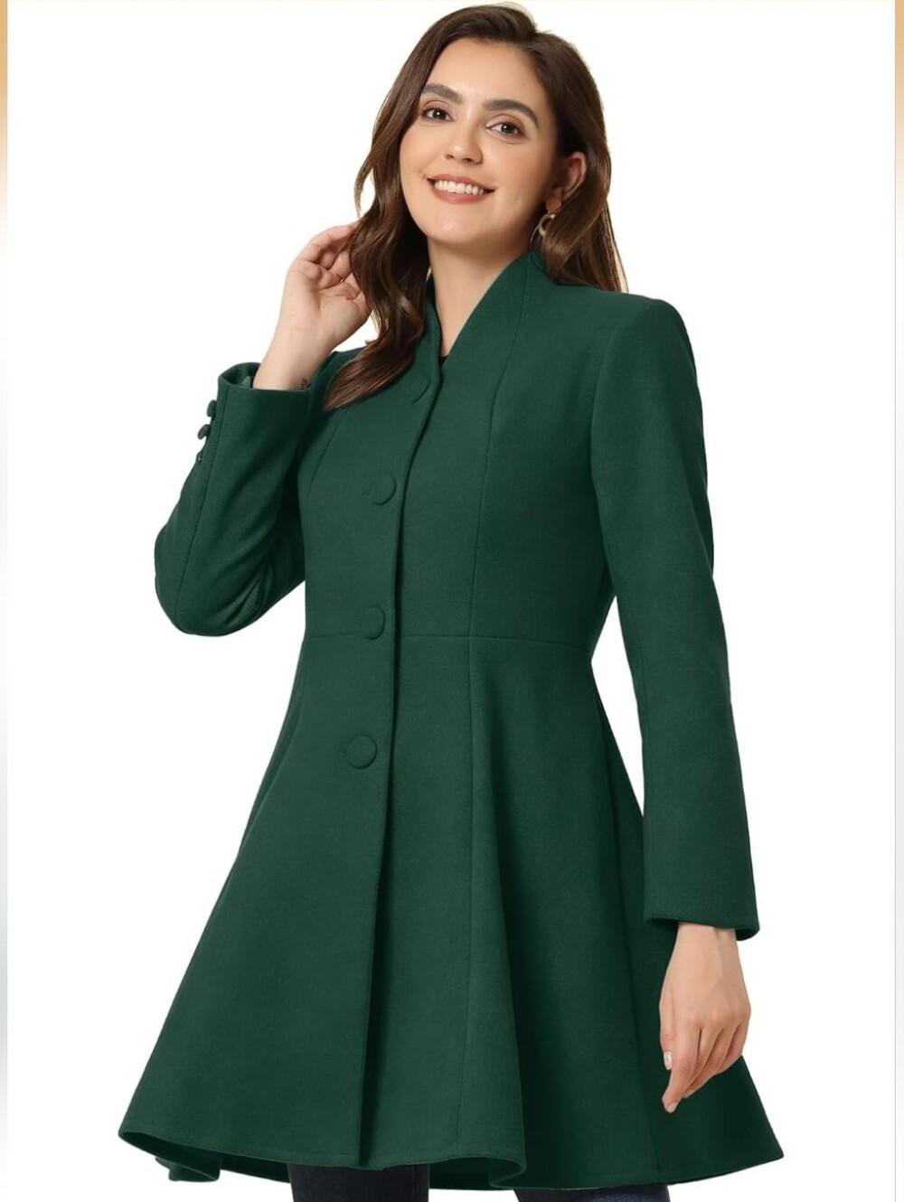 Allegra K Single Breasted Pea Coat A Line Mid-Long Size Small Dark Green